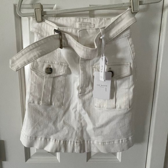 New Ted Baker Cream Eriike Utility Denim Mini Skirt with Front Pockets Size 2 - Picture 1 of 16